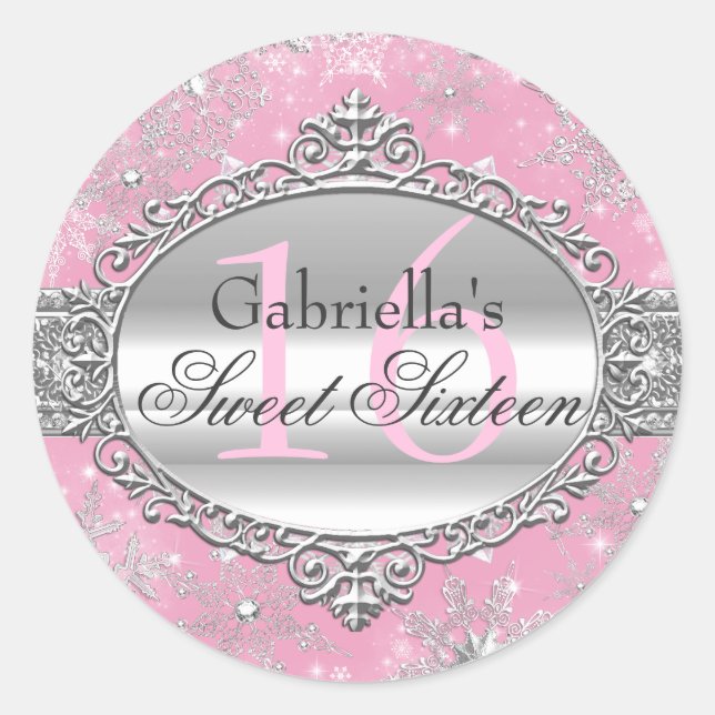 Pink Snowflake Winter Wonderland Sweet 16 Sticker (Devant)