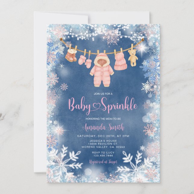 Pink Snowflakes Blue Winter Girl Baby Sprinkle Einladung (Vorderseite)