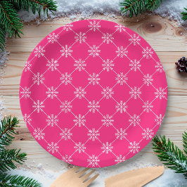 Pink Snowflakes Diagonal Square Muster Pappteller