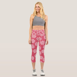 Pink Snowflakes Patterns Festive Frosty Winterland Capri Leggings
