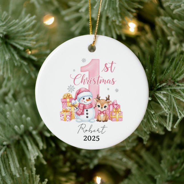 Pink Snowman Baby First Christmas Keramik Ornament (Baum)