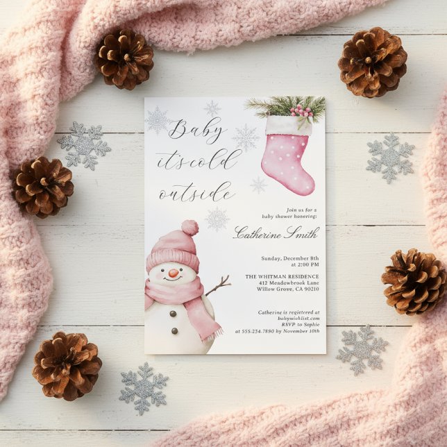 Pink Snowman “Baby It’s Cold Outside” Baby Shower Einladung (Von Creator hochgeladen)
