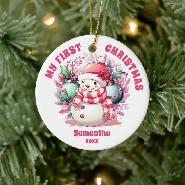 Pink Snowman Baby's First Christmas Ornament (Baum)