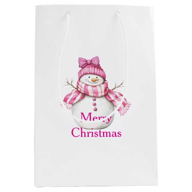 Pink Snowman Girl Weihnachten Mittlere Geschenktüte (Vorderseite)