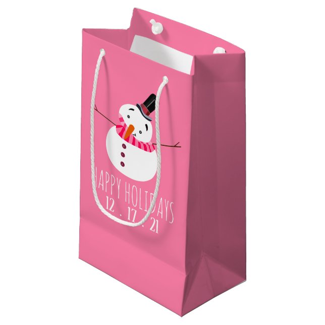Pink Snowman, Happy Holidays Kleine Geschenktüte (Vorderseite Schrägansicht)