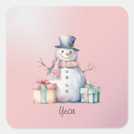 Pink Snowman mit Packet Button Quadratischer Aufkleber