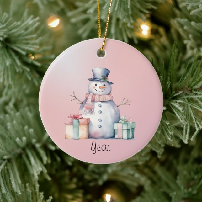 Pink Snowman mit Packungen Keramik Ornament (Baum)