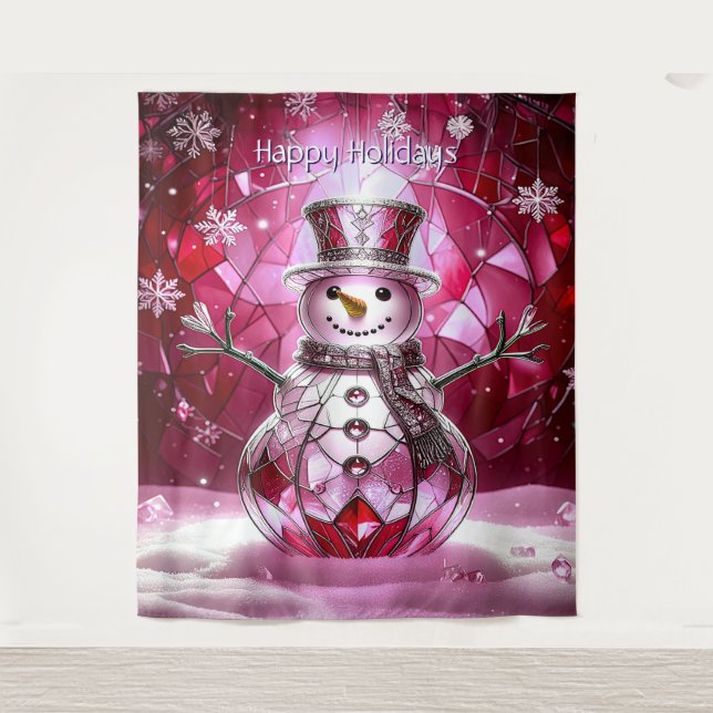 Pink Snowman Snowflakes Holiday Backdrop Wandteppich (Vorderseite)