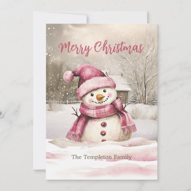 Pink Snowman Vintage Weihnachtsfeiertag Karte (Vorderseite)