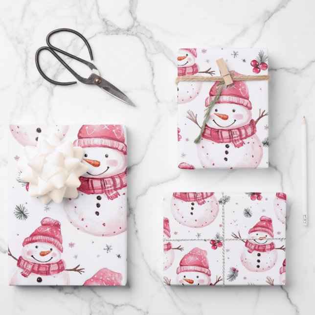 Pink Snowman Weihnachten Geschenkpapier Set (Vorderseite)