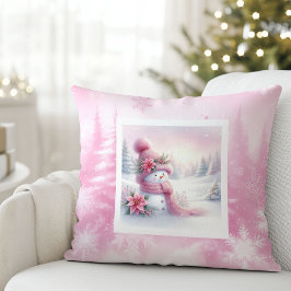 Pink Snowman Winter Forest Soft Kids Gift Cushion Kissen