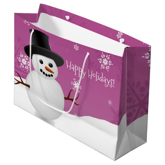 Pink Snowman Winterlandschaft Weihnachtsgeschenk B Große Geschenktüte (Vorderseite Schrägansicht)