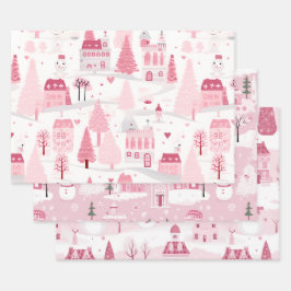 Pink Snowy Village Geschenkpapier Set