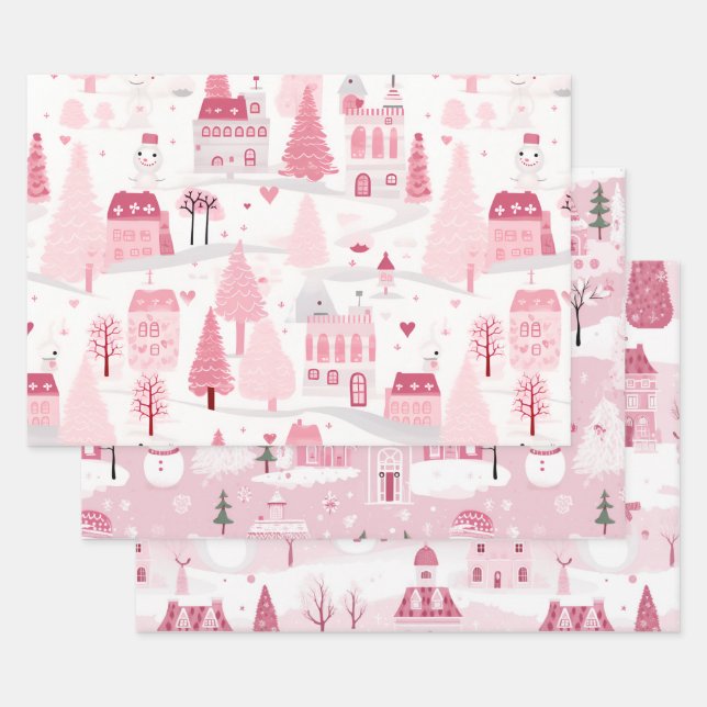 Pink Snowy Village Geschenkpapier Set (Set)