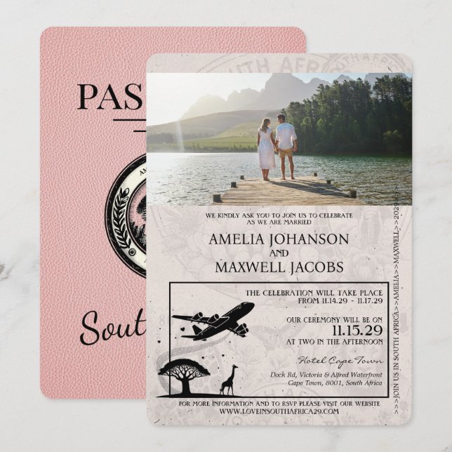 Pink South Africa Passport Wedding Einladung (Vorne/Hinten)