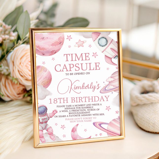 Pink Space 1st Birthday Time Capsule Sign Sockelschild (Von Creator hochgeladen)