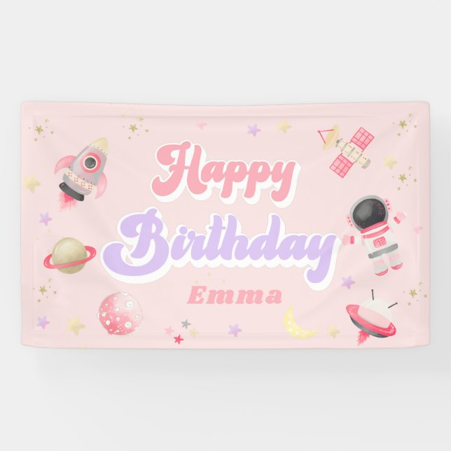Pink Space Happy Birthday Banner (Horizontal)