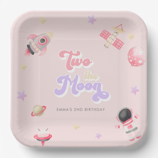 Pink Space Two the Moon Birthday Pappteller (Vorderseite)