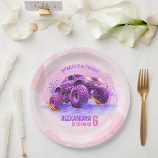 Pink Sparkle and Crash Monster Truck Girl Birthday Pappteller
