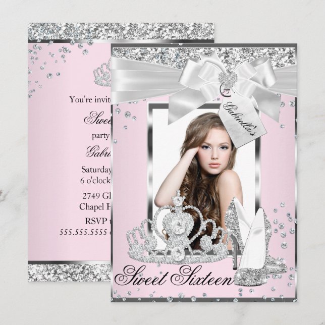 Pink Sparkle Bow Tiara Foto Sweet 16 Einladung (Vorne/Hinten)