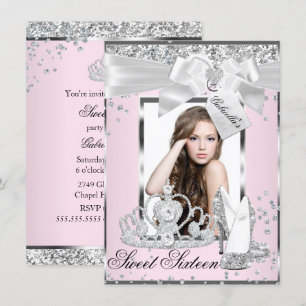 Pink Sparkle Bow Tiara Foto Sweet 16 Einladung