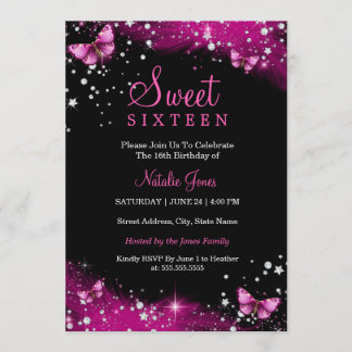 Pink Sparkle Butterfly Diamond Sweet 16 Einladung