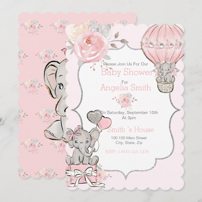 Pink Sparkle Elephant Babydusche Flat Card Karte (Vorne/Hinten)