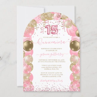 Pink Sparkle Glam Quinceañera Ballon Einladung