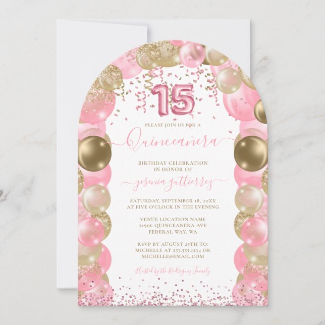 Pink Sparkle Glam Quinceañera Ballon Einladung (Vorderseite)
