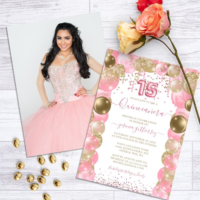 Pink Sparkle Glam Quinceañera Ballon Foto Einladung (Pink Quinceanera Balloon Photo Invitation)