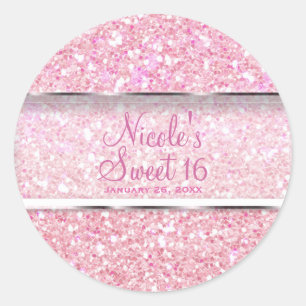 Pink Sparkle Glitzer Glam Sweet 16 Gastgeschenk Runder Aufkleber