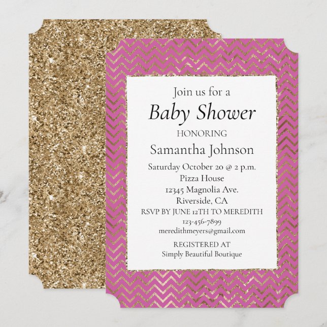 Pink Sparkle Glitzer Gold Zigzag Babydusche Einladung (Vorne/Hinten)