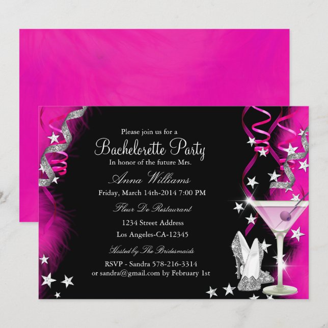 Pink Sparkle Heelse & Cocktail Junggeselinnen-Absc Einladung (Vorne/Hinten)