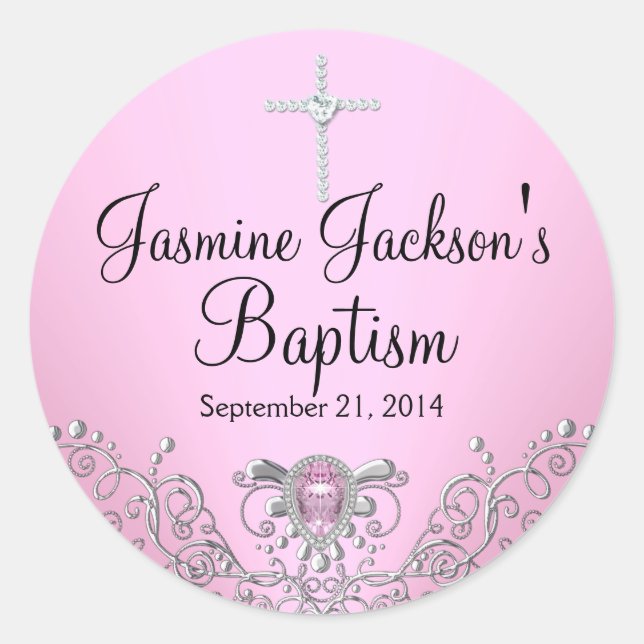 Pink Sparkle Jewel Taufsticker Runder Aufkleber (Vorderseite)