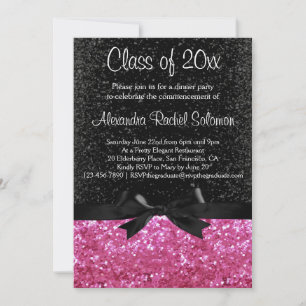 Pink Sparkle look Black Bow Graduation Invitation