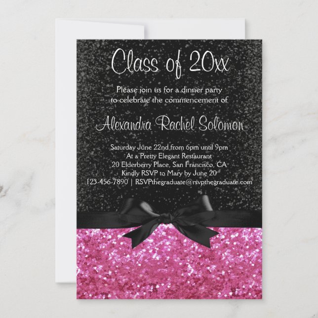 Pink Sparkle look Black Bow Graduation Invitation (Devant)