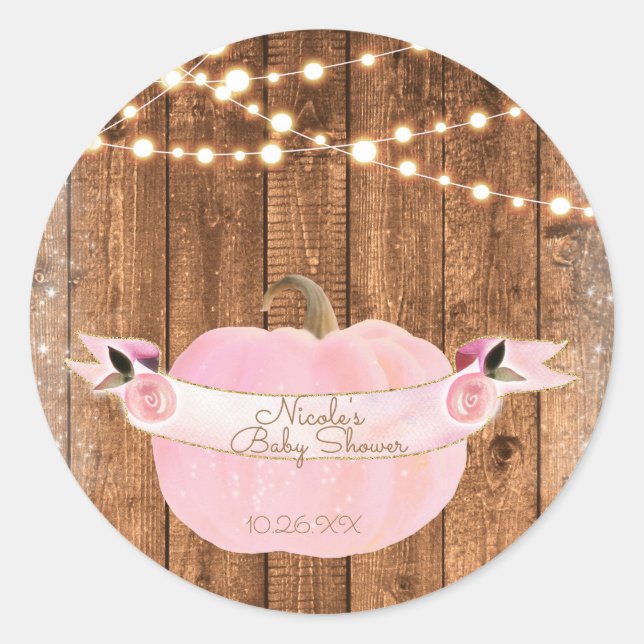 Pink Sparkle Pumpkin Herbst Rustikale Holzleuchten Runder Aufkleber (Vorderseite)