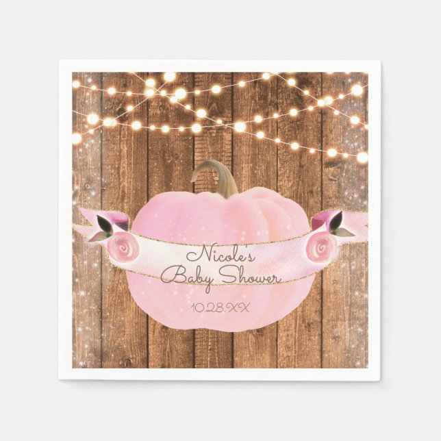 Pink Sparkle Pumpkin Herbst Rustikale Holzleuchten Serviette (Vorderseite)