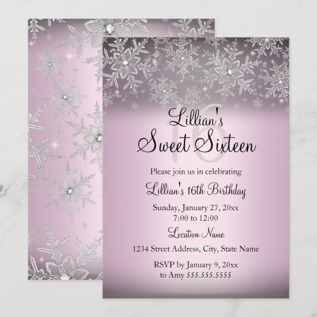 Pink Sparkle Snowflake Sweet 16 Einladung (Vorne/Hinten)