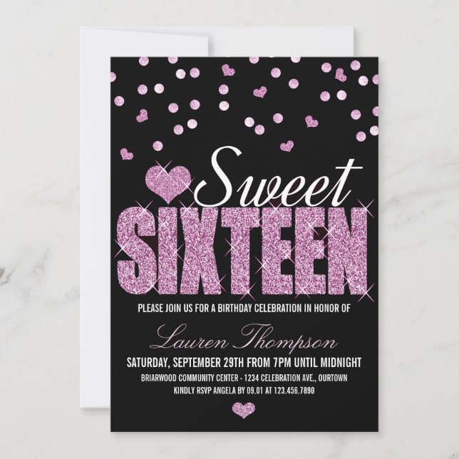 Pink Sparkle Sweet 16 Invitations de fête (Devant)