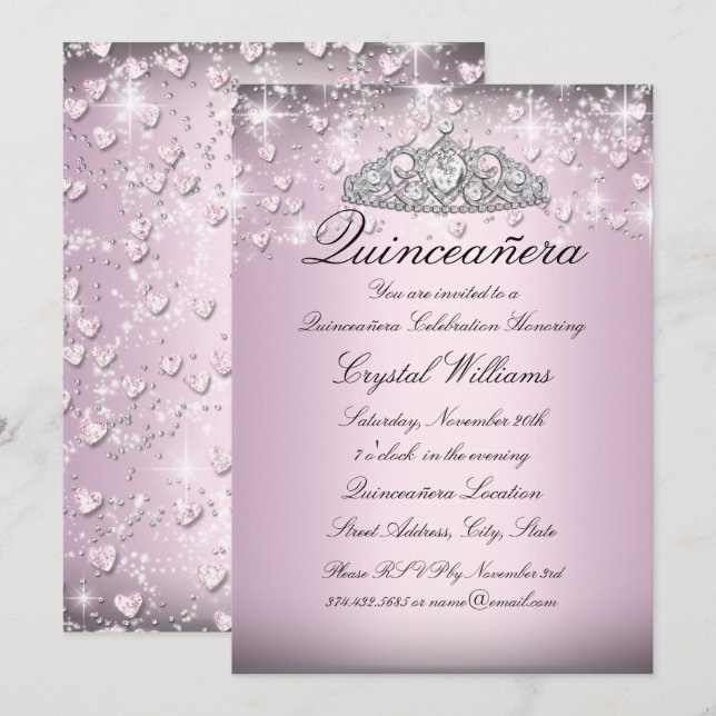 Pink Sparkle Tiara & Hearts Quinceanera Einladung (Vorne/Hinten)