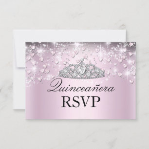 Pink Sparkle Tiara & Hearts Quinceanera RSVP