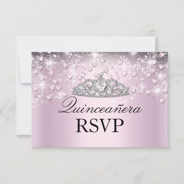 Pink Sparkle Tiara & Hearts Quinceanera UAWG RSVP Karte (Vorderseite)