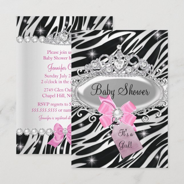 Pink Sparkle Zebra Princess Tiara Baby Dusche Einladung (Vorne/Hinten)