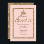 Pink Sparkly Gold Glitter Sweet 16 Princess Crown Einladung<br><div class="desc">Anpassen an Ihr Ereignis</div>