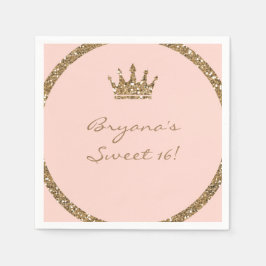 Pink Sparkly Gold Glitter Sweet 16 Princess Crown Serviette