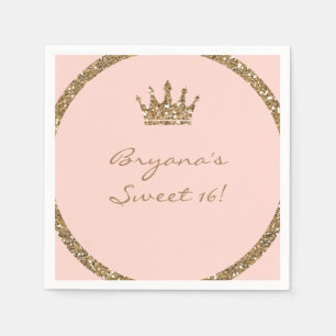 Pink Sparkly Gold Glitter Sweet 16 Princess Crown Serviette
