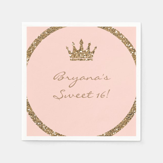 Pink Sparkly Gold Glitter Sweet 16 Princess Crown Serviette (Vorderseite)