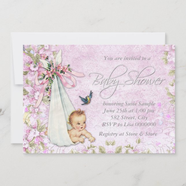 Pink Special Delivery Vintage Babydusche Einladung (Vorderseite)