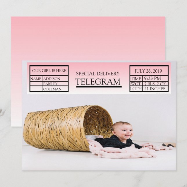 Pink Special Telegramm Geburtsankündigung für Mädc Einladung (Vorne/Hinten)